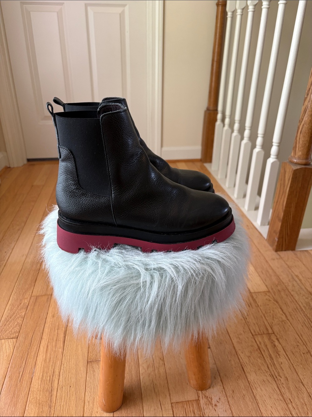 Black Leather Chelsea Boots with Red Platform Rubber Sole